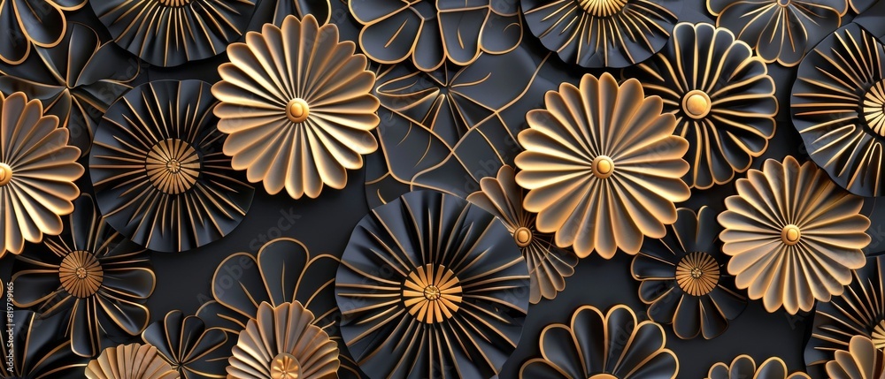 Poster a japanese pattern modern with gold flowers and geometric shapes. this pattern can be used for texti
