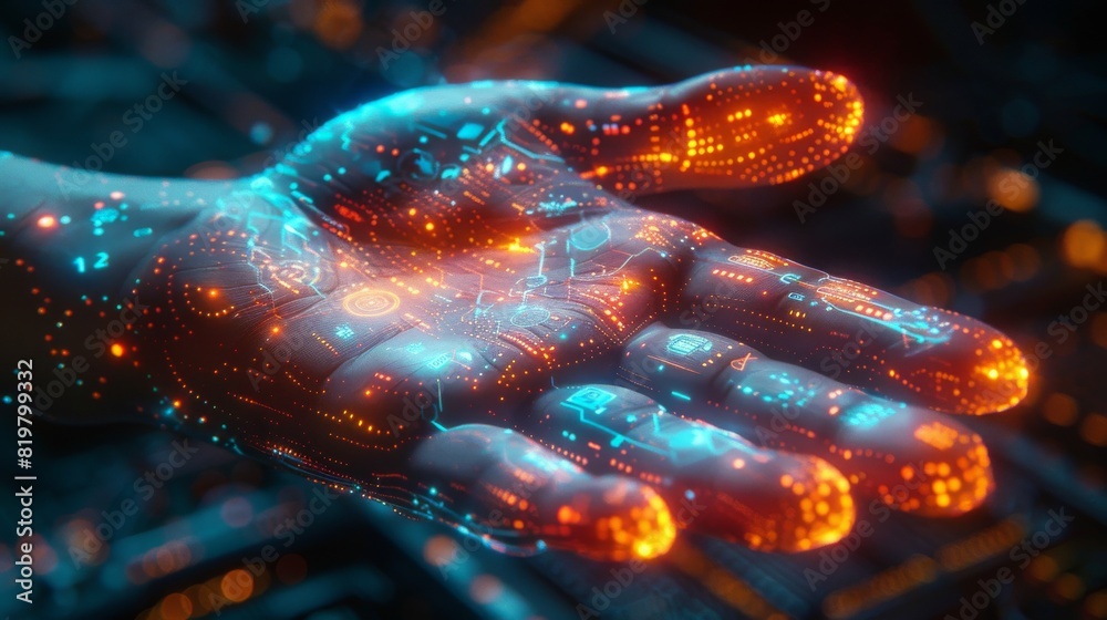 Poster in a futuristic style, a modern of a handprint depicts a technological theme, a cyber security conce