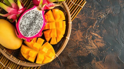 A bamboo mat serves as the tableware for a black plate adorned with mangoes and dragon fruit,...