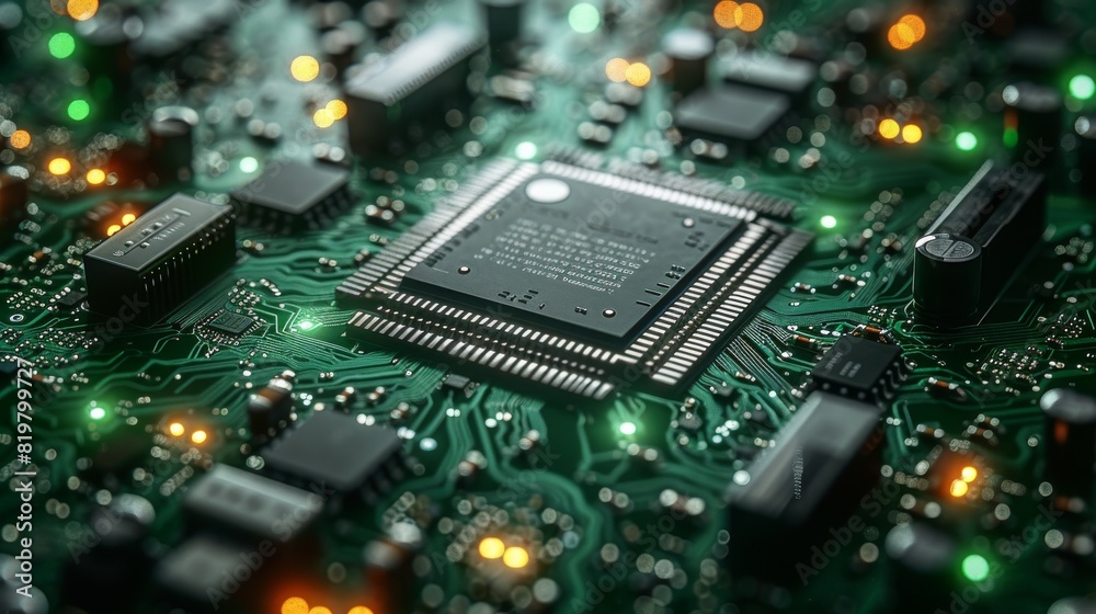 Poster a dark-green abstract background of an electronic board and cpu.