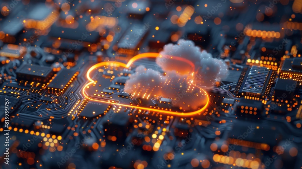 Poster an electronic board with a cloud symbol, a cloud computing concept.