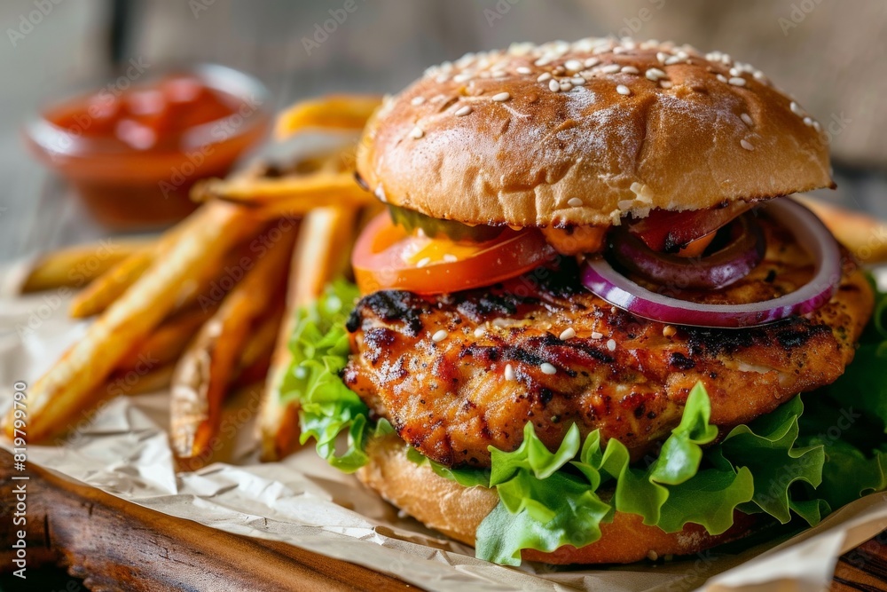 Wall mural close-up of a delicious juicy burger. Healthy and tasty burger. Beautiful simple AI generated image in 4K, unique.