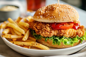 hamburger with salad-burger with fries-burger and fries. Beautiful simple AI generated image in 4K, unique.