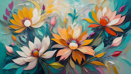 abstract Blooming flower painting using palette knife in colorful background.