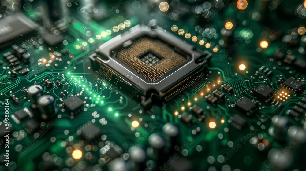 Aufkleber a dark-green toned background with an abstract electronic board and processor