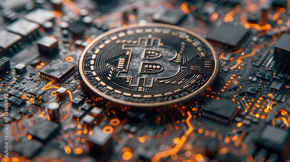 Poster concept of online trading using bitcoin symbol and electronic board