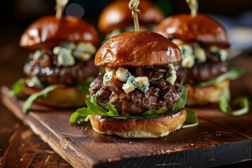 Homemade Tasty Cheese beef burger - American cheese burger with fresh salad, onion and tomato on wooden background. Beautiful simple AI generated image in 4K, unique.