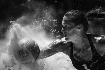 Dynamic Black and White Action Portrait of a Focused Beach Volleyball Player in Motion with Sand...
