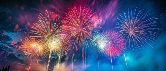 Fototapeta premium A fireworks display with a blue sky background