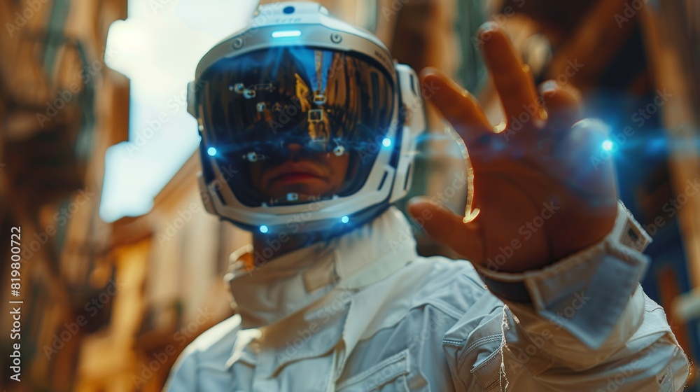 Poster an image of a man with a head-set gadget reaching for his hand in a concept of virtual reality techn