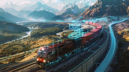 Dynamic Aerial View of Cargo Train Traversing Mountainous Terrain with Digital Overlays Displaying Real-Time Data - Ideal for Logistics, Transportation, and Tech Integration Themes