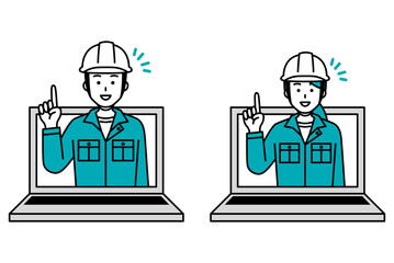 ノートパソコンの画面から飛び出すアイデアをひらめく作業着の男女　セット