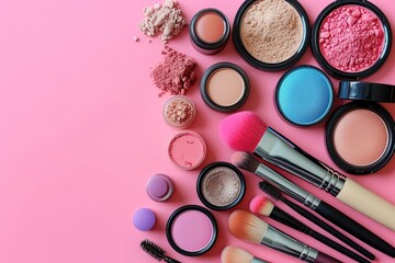 Woman flat lay makup background with cosmetics Cream, lipstick, powder, mascara and brushes Top view on pink background, copy space