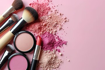 Woman flat lay makup background with cosmetics Cream, lipstick, powder, mascara and brushes Top view on pink background, copy space