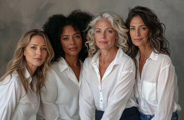 Multiethnic Group of Confident Women in White Shirts. Generative AI image