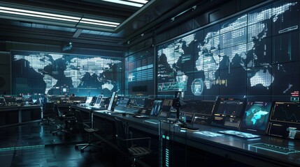 Futuristic Global Logistics Control Room with Real-Time 3D Maps and Data Analytics for Monitoring