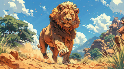 A lion running, illustration style, cartoon , majestic, powerful, fierce, speed, agility, 
