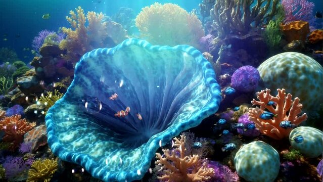 illustration of giant sea shell underwater colorful fish