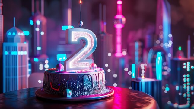 Futuristic Second Birthday Cake with Metallic Silver Number 2 and Neon Lit Cityscape Background for High Tech Party Theme