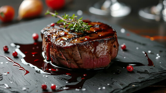 A gourmet plating of filet mignon with a red wine reduction, on an elegant black slate background. Generative AI.
