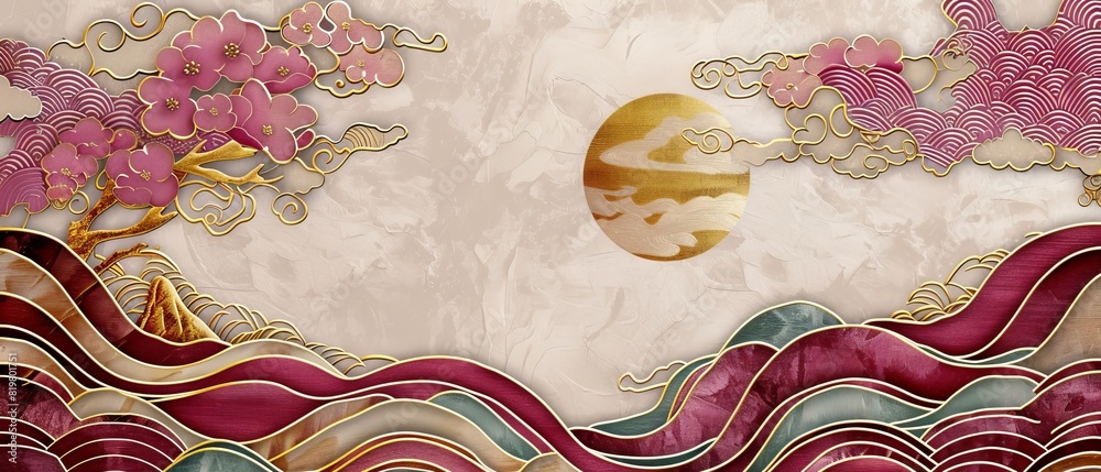 Aufkleber decorative border and frame with japanese pattern. gold and pink geometric background. nature icons 