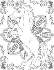 Horse on Mandala Coloring Page. Printable Coloring Worksheet for Adults and Kids. Educational Resources for School and Preschool. Mandala Coloring for Adults