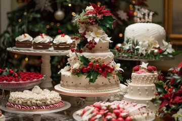 Festive Holiday Dessert Table Display Featuring Decorated Wedding Cakes and Seasonal Pastries