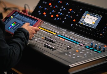 Man is using a tablet computer in a professional environment next to an audio mixing board