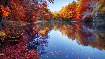 A tranquil lake surrounded by autumn foliage, with trees ablaze in shades of red, orange, and gold reflecting off the still waters. 32k, full ultra HD, high resolution