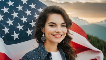 attractive patriotic woman against the background of the usa flag