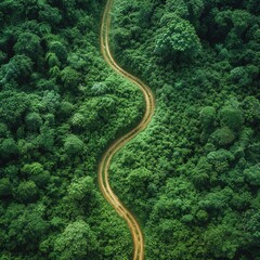 Top view of the dirt road with a crossroads and dense green forests and fields Beautiful bright landscape photography with drone on a summer day Please provide high-resolution