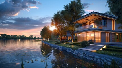 An evening rendering of a modern house by the river in 3D
