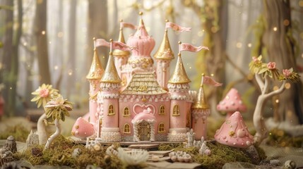 Magical Fairy Tale Birthday Banner with Pink Castle Cake in Enchanted Forest - Design for Print, Card, Poster