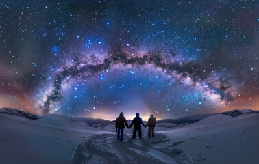 three people stand hand in had with their backs to camera looking up at the sky where stars fill every visable space and milky way stretches across it all