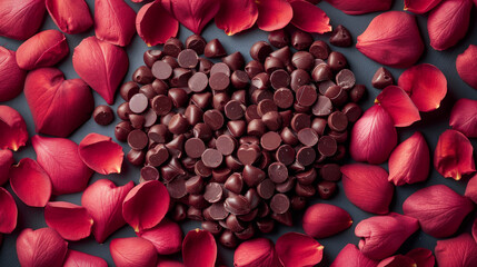 Heart shaped chocolate pieces with scattered rose petals. Romantic concept perfect Valentine's Day