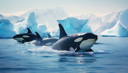 Fototapeta premium Groups of Orcas or killer whales swim and hunt for prey, the top of the food chain in a sea of ​​ice floes