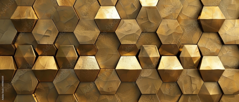 Poster a modern illustration of a gold japanese pattern. the background is hexagonal geometric shapes.