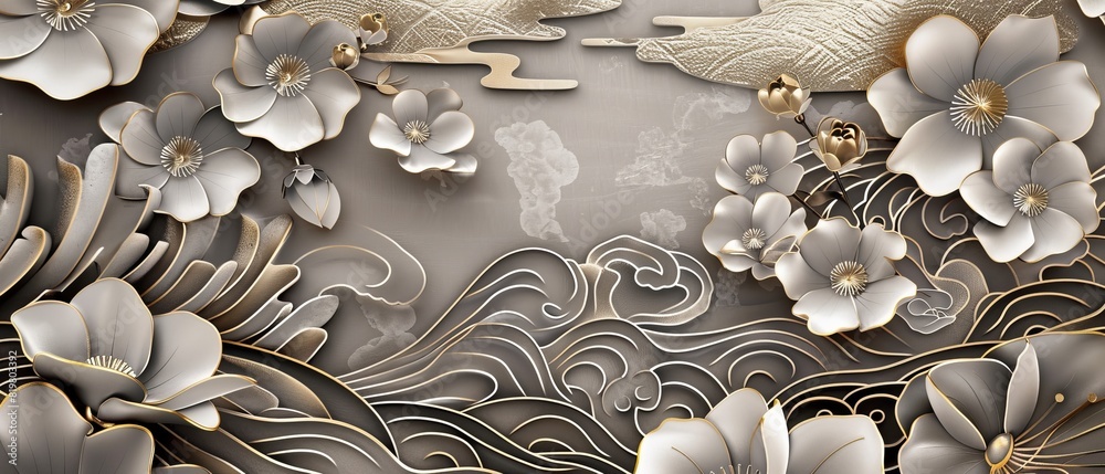 Poster Decorative flower pattern modern. Gold Japanese background. Morning glory flower, wave and cloud elements.