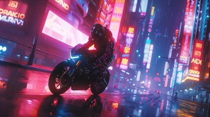 Muscular Hero in Futuristic Armor Cycling Past Vibrant Holographic Billboards in a Cityscape