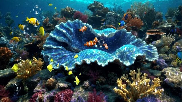 illustration of giant sea shell underwater colorful fish