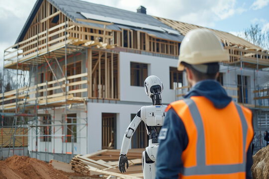 A robot and human worker are working together on home construcion site