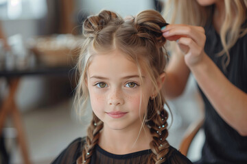 Naklejka premium Hairdresser crating beautiful hairstyle for little girl with long hair