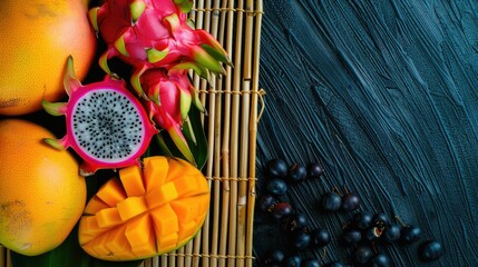 A bamboo mat serves as the tableware for a black plate adorned with mangoes and dragon fruit,...
