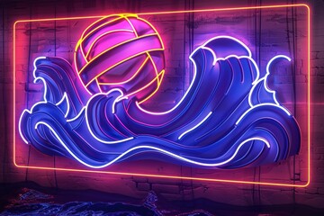 Vibrant Neon Sign Design for Beach Volleyball Bar with Stylized Volleyball and Waves