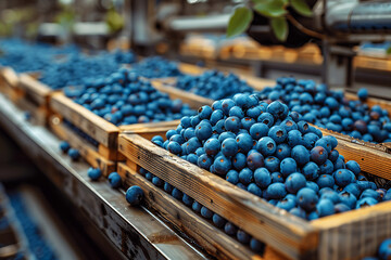 The harvested strawberries are neatly packed in wooden boxes on the sorting line, ready for distribution at a bustling farm during the peak of the harvest season