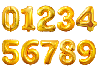 Set of golden balloon numbers set, isolated on transparent background