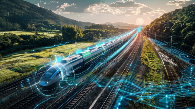 High-Speed Cargo Train in Scenic Rural Landscape with Digital Overlays for Logistics and Environmental Impact Analysis