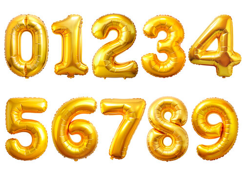 Set of golden balloon numbers set, isolated on transparent background