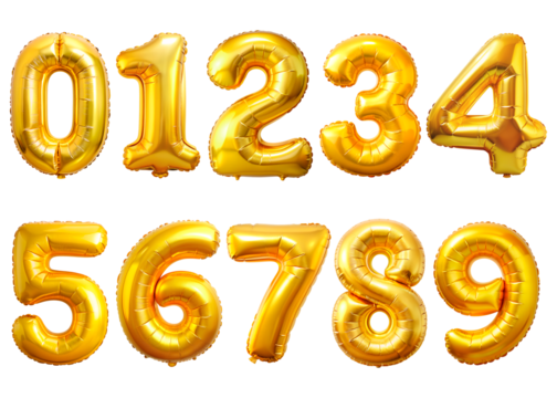 Set of golden balloon numbers set, isolated on transparent background