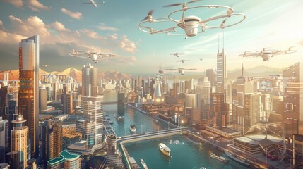 Futuristic Cityscape with Drone Delivery and Automated Freights Showcasing Advanced Global Trade and Logistics